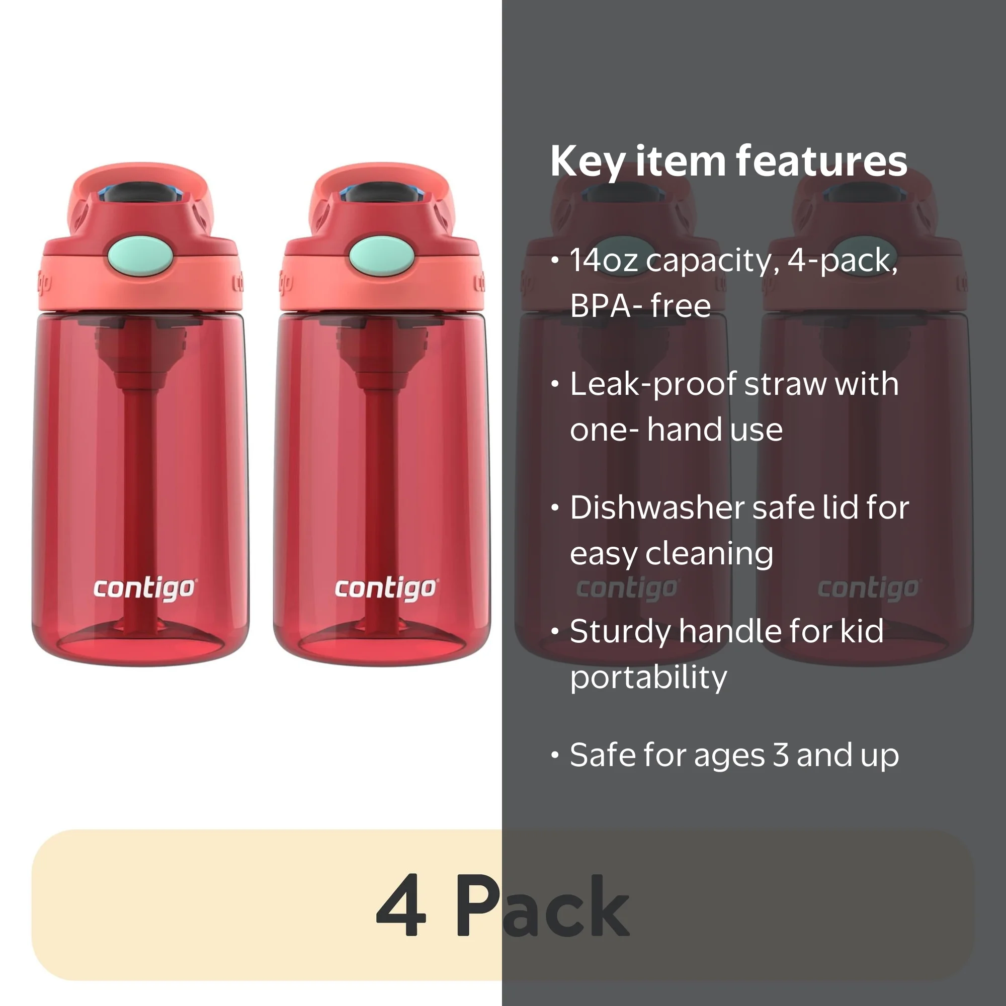 (4 pack) Contigo Kids Water Bottle with Redesigned AUTOSPOUT Straw, 14 oz.,  Goji Berry Coral
