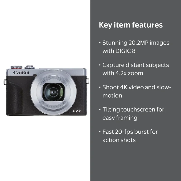 Canon, PowerShot G7 X Mark III Digital Camera, 20.2MP 4K, Silver