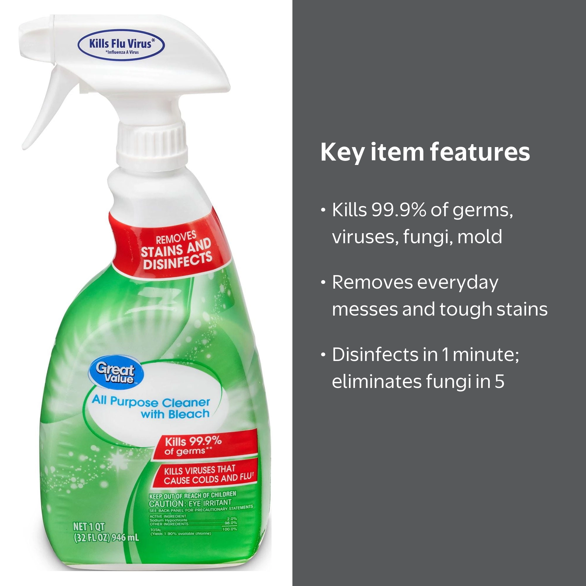 Great Value All Purpose Cleaner with Bleach, 32 fl oz, Home