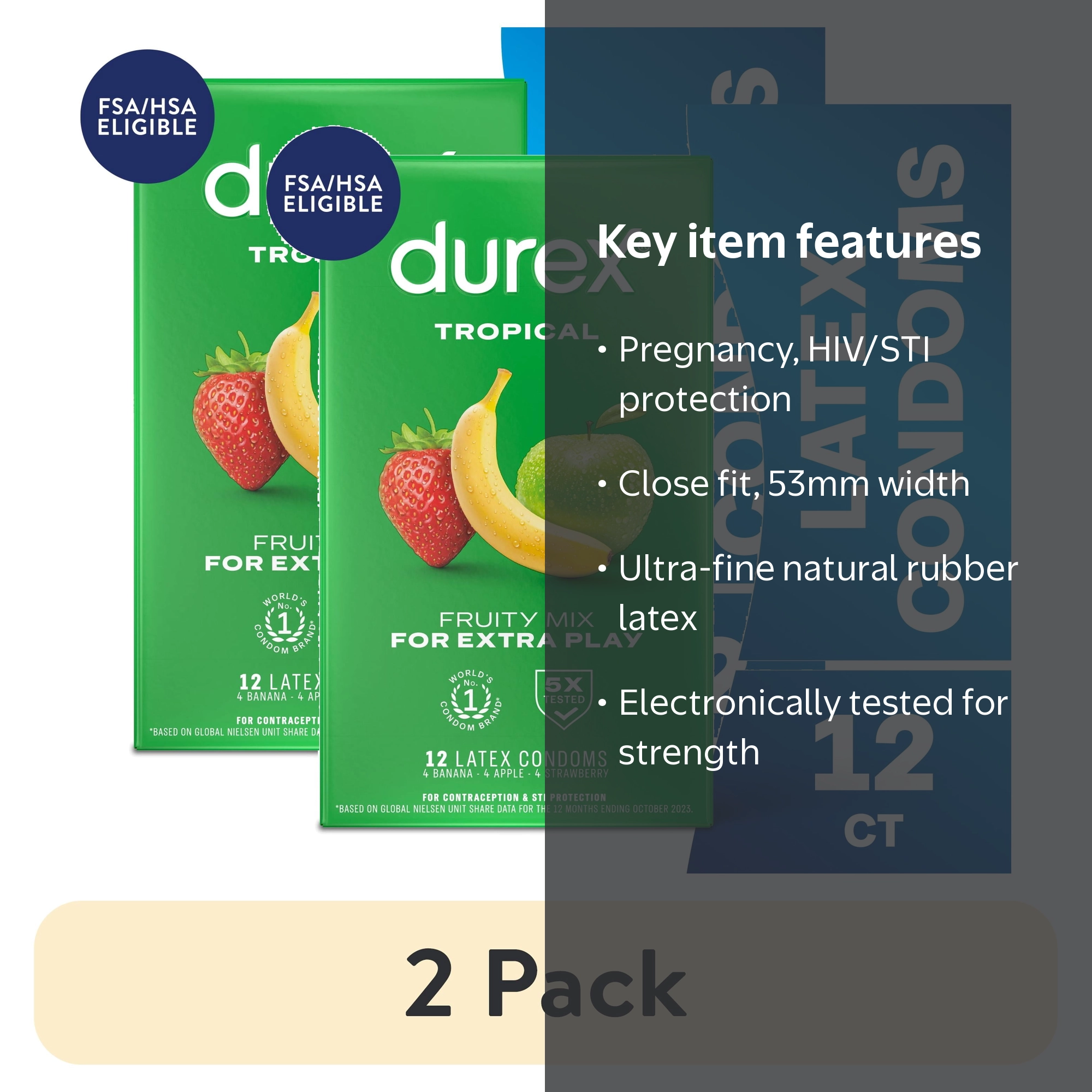2 pack) Durex Tropical Flavored Condoms For Men, Natural