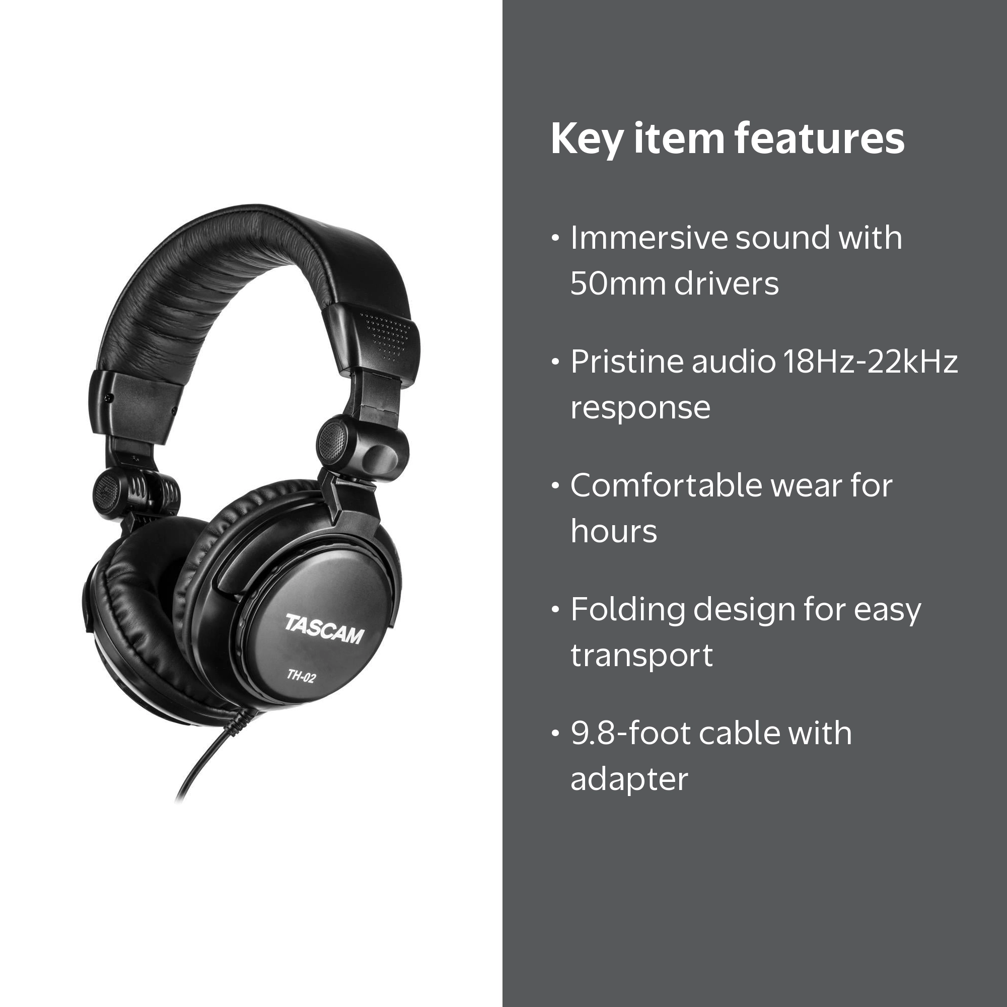 Tascam TH-02 Closed Back Studio Headphones, Black, Over-Ear Design