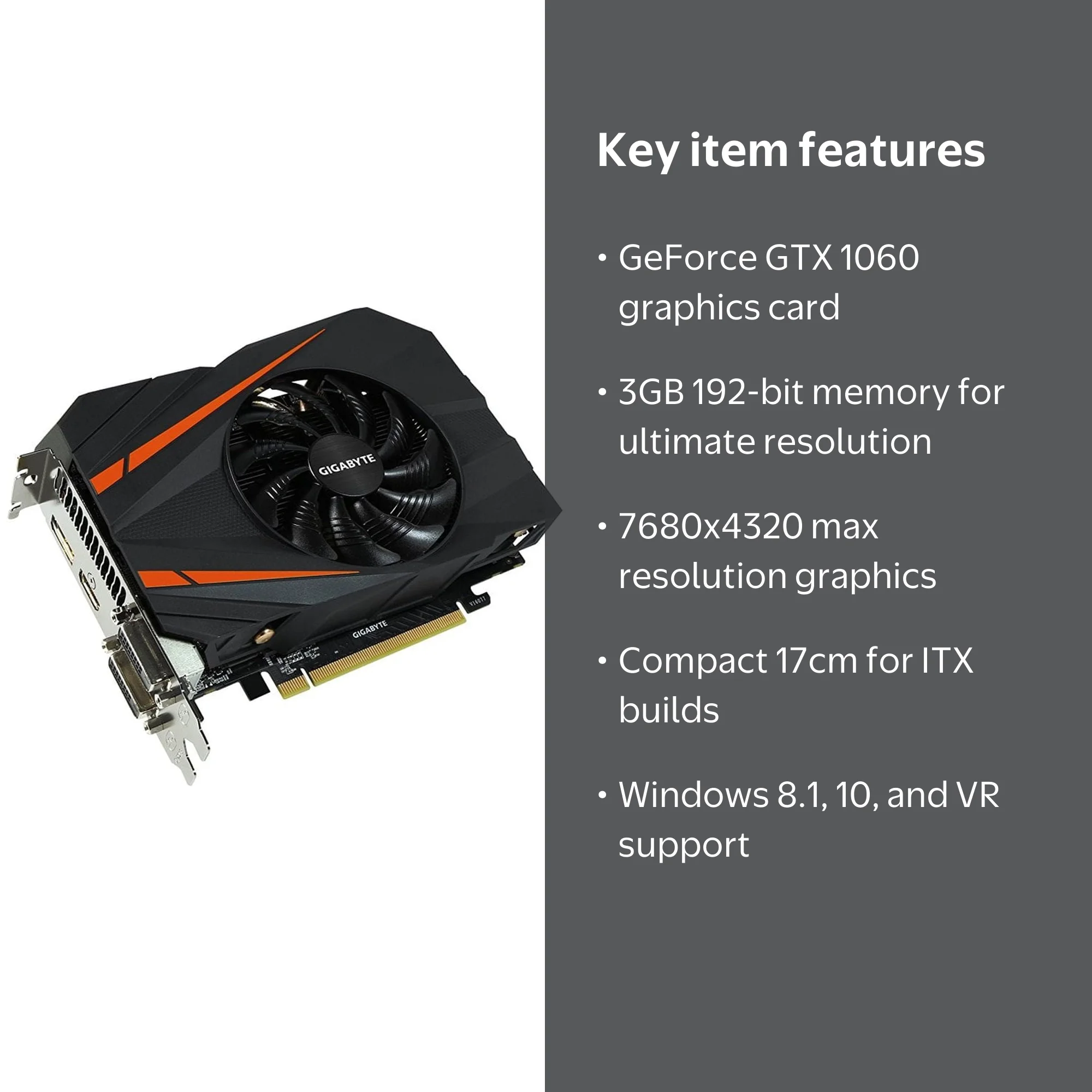 グラフィックボード・グラボ・ビデオカード Gigabyte Nvidia GTX 1060 ITX 3GB GDDR5 Gigabyte GeForce GTX 1060 Mini ITX OC 3GB GDDR5 Graphics Card
