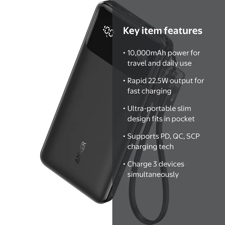 Anker 10,000mAh Power Bank, 22.5W Fast Charging, Portable Charger