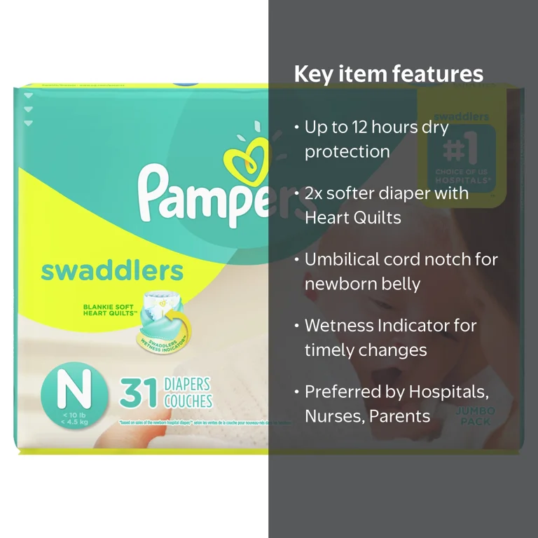 Pampers Swaddlers Diapers Size N 31 Count, Newborn, Breathable