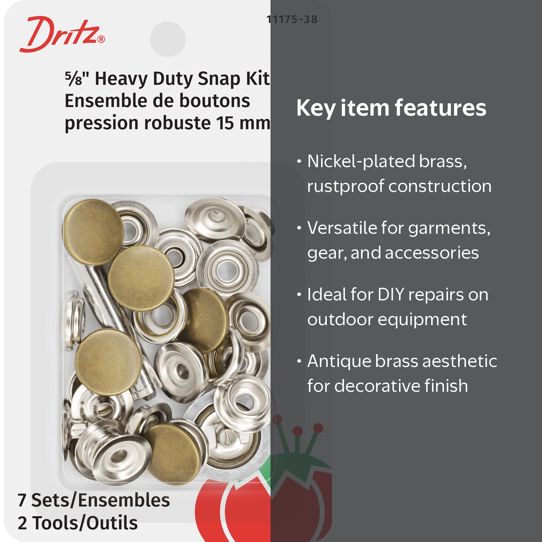 Dritz Heavy Duty Snap Kit 7 Count Antique Brass Durable Fasteners