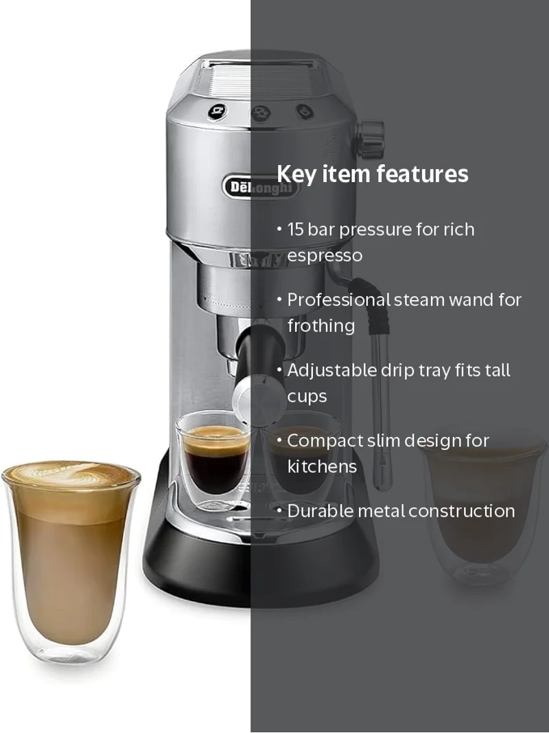 De'Longhi, Espresso Machine, Dedica Arte 15-Bar, 2-Cup Metal
