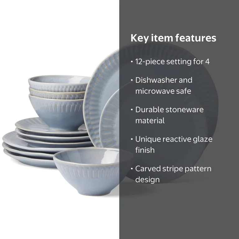 Oneida Artisanal Stripe 12-Piece Blue Dishwasher Safe Stoneware