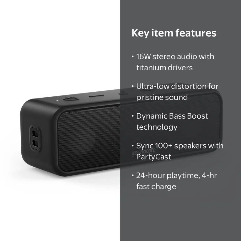 Anker, Portable Bluetooth Speaker, 16W Stereo, IPX7 Black