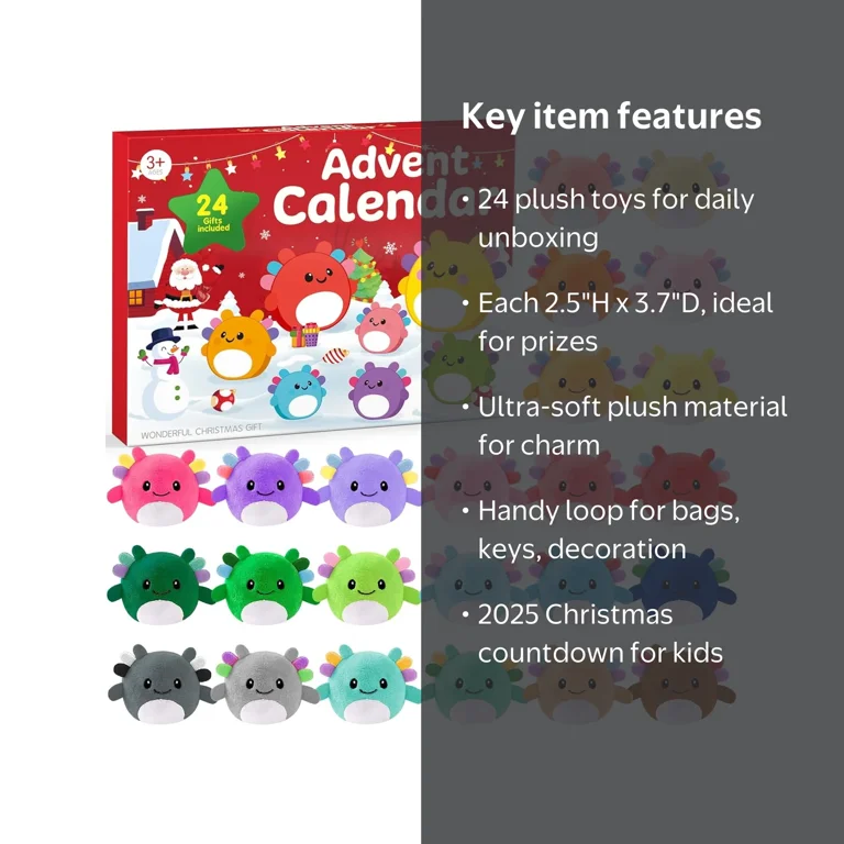Advent Calendar with 24 Mini Axolotl Plush Toys - Christmas