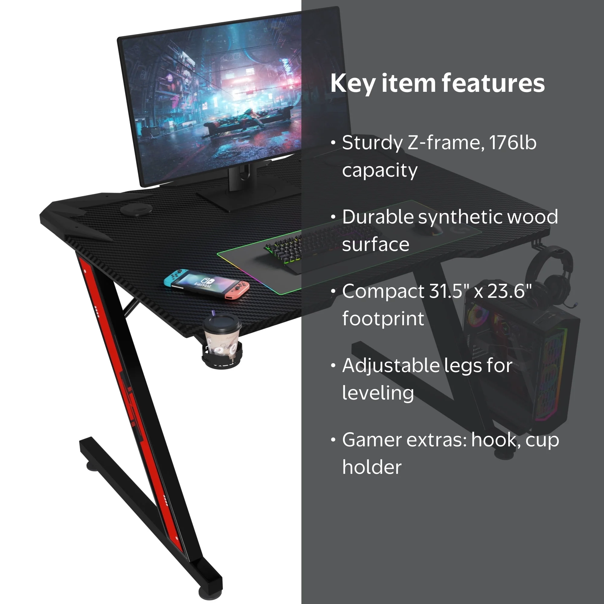 パソコンデスク HAL Homall 32'' Z-Shaped Gaming Desk, Carbon Fiber, Cup Holder