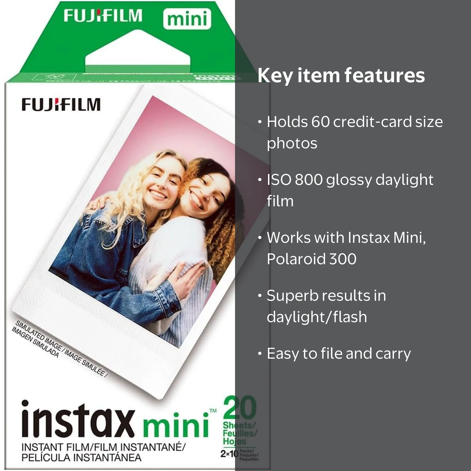 Fujifilm Instax Mini Instant Film, 60 Sheets, White, Compatible