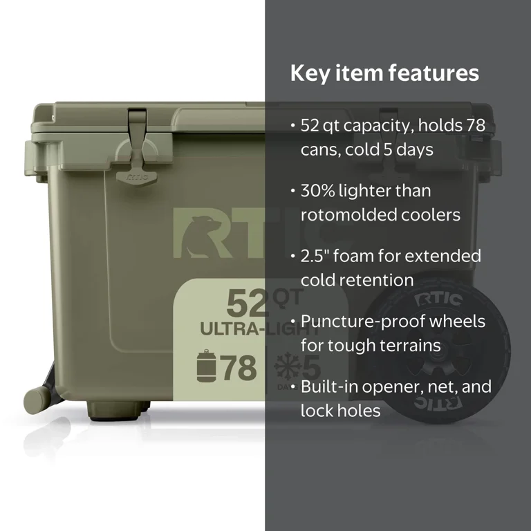 RTIC 52 QT Wheeled Hard-Sided Ice Chest Cooler, Ultra-Light, Fits