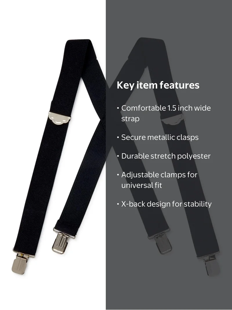 George Men's Adjustable Terry Suspenders Black 1.5 inch Stretch