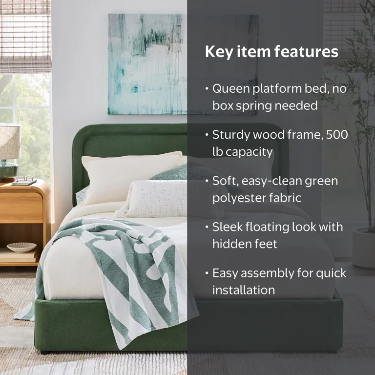 Better Homes & Gardens Juliet Queen Platform Bed, Olive Mohair