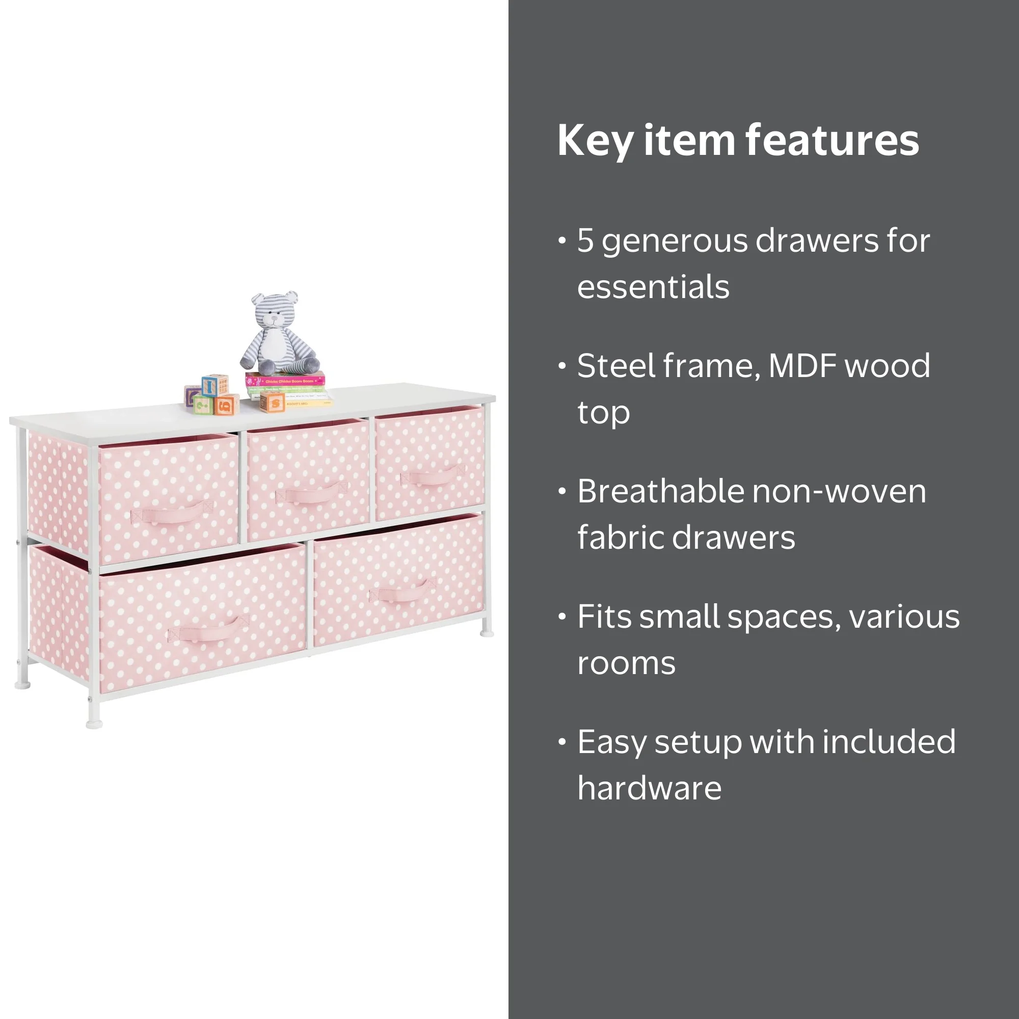 mDesign Kids Wide Storage Dresser, 5 Drawers, Pink/White Polka Dot