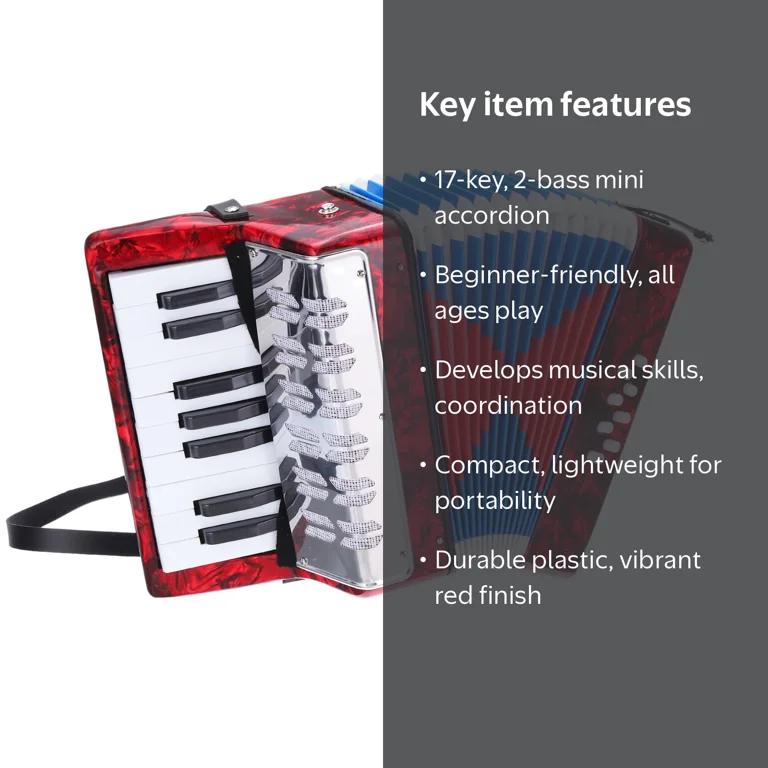 Uxcell 17 Keys 2 Bass Button Accordion Mini Musical Instrument Red