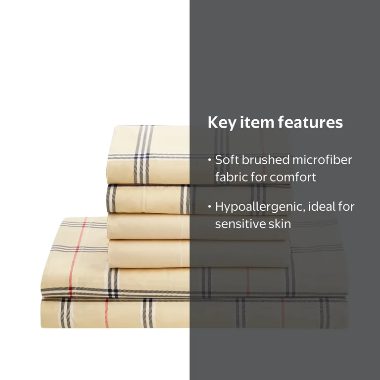 Clara Clark 6 Piece Burberry Taupe Plaid Microfiber, Full Size