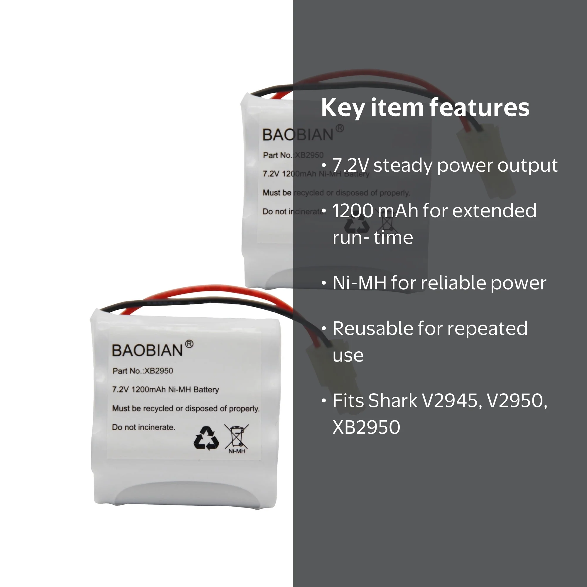 Shark 2 Pack Replacement Battery XB2950 for V2950, V2950A, V2945Z
