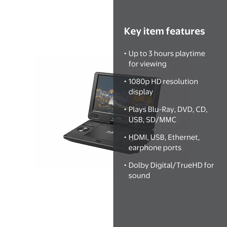 Onn. Portable Blu-Ray Disc/DVD Player with 1080p HD Resolution