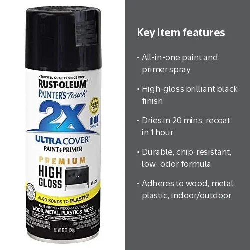 Rust-Oleum, Paint+Primer Spray Paint, 12 oz, High-Gloss Black