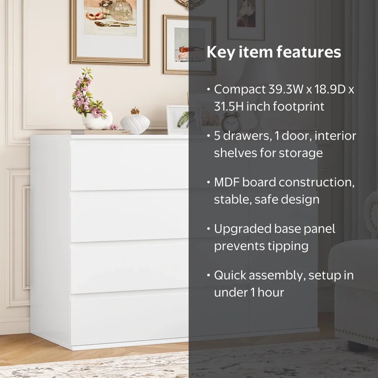 white dresser under $100 Homfa 5 Drawer with Door, Modern Storage Cabinet for Bedroom Living Room, Finish, Adult Unisex, Size: One size This 5 drawer white dresser is the perfect solution to your storage woes FÅGELFJÄLLET 4-drawer dresser - off-white