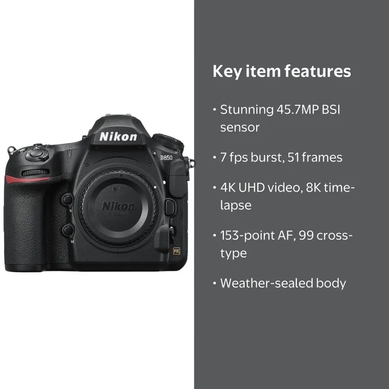 Nikon D850 DSLR Camera, 45.7MP FX, Back-Illuminated Sensor, Black