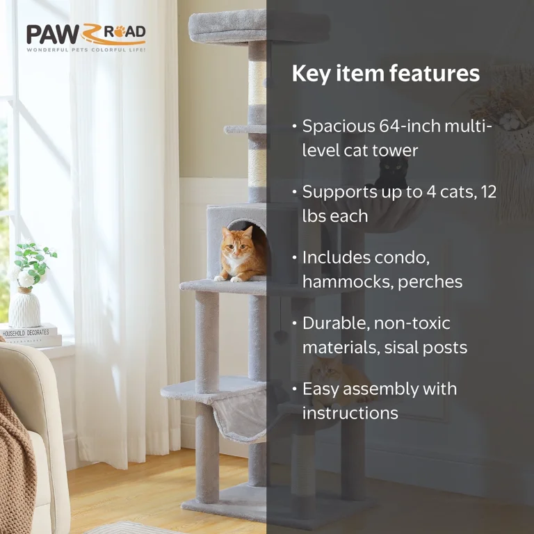 Pawz Road, Cat Tree Condo, 64 inches, Gray with 5 scratching posts