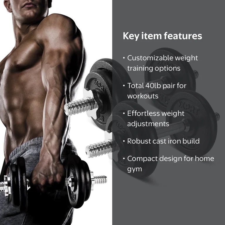 XPRT Fitness Cast Iron Adjustable Dumbbell, Black, 40lb Pair