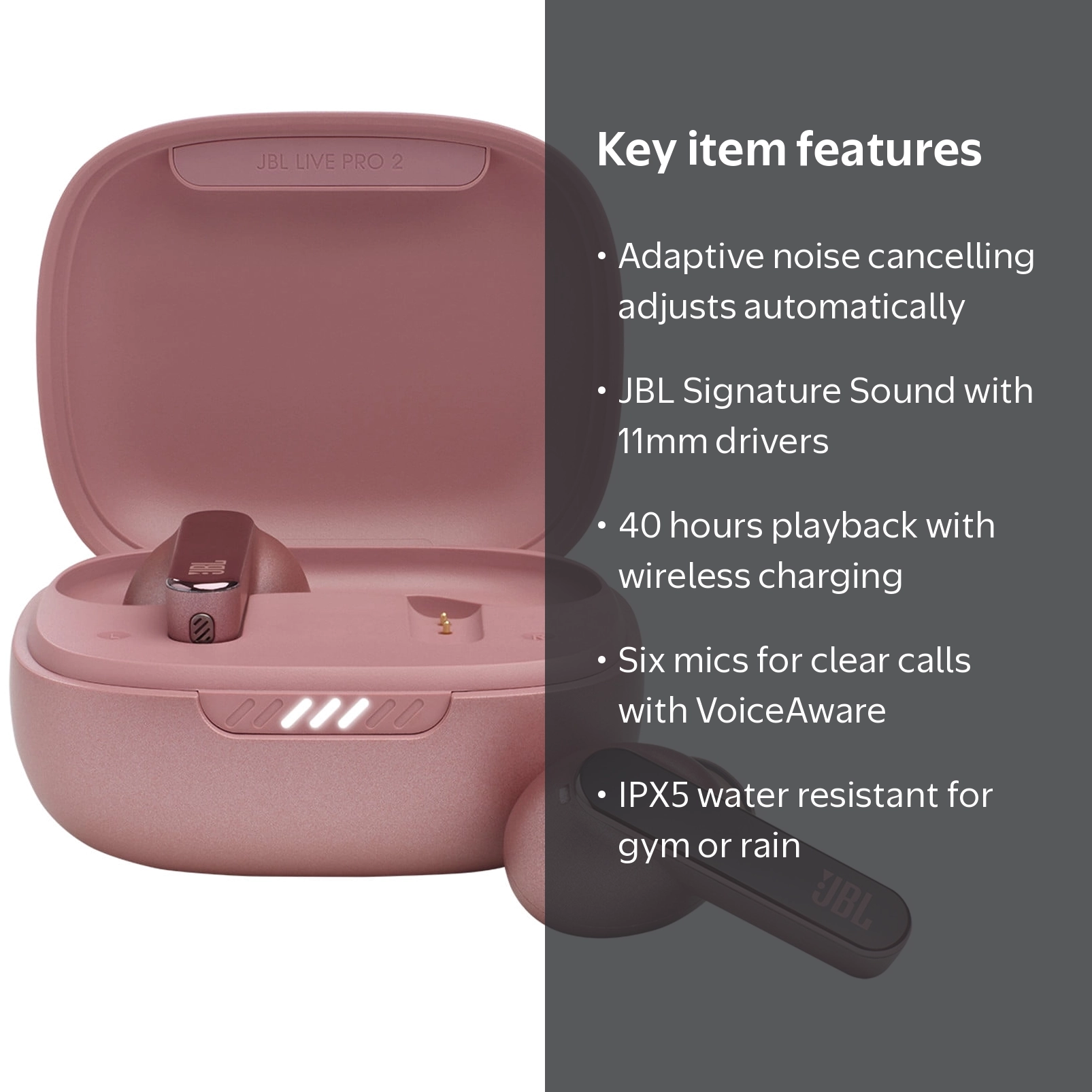 JBL, True Wireless Noise Cancelling Earbuds, Rose, 40 Hours