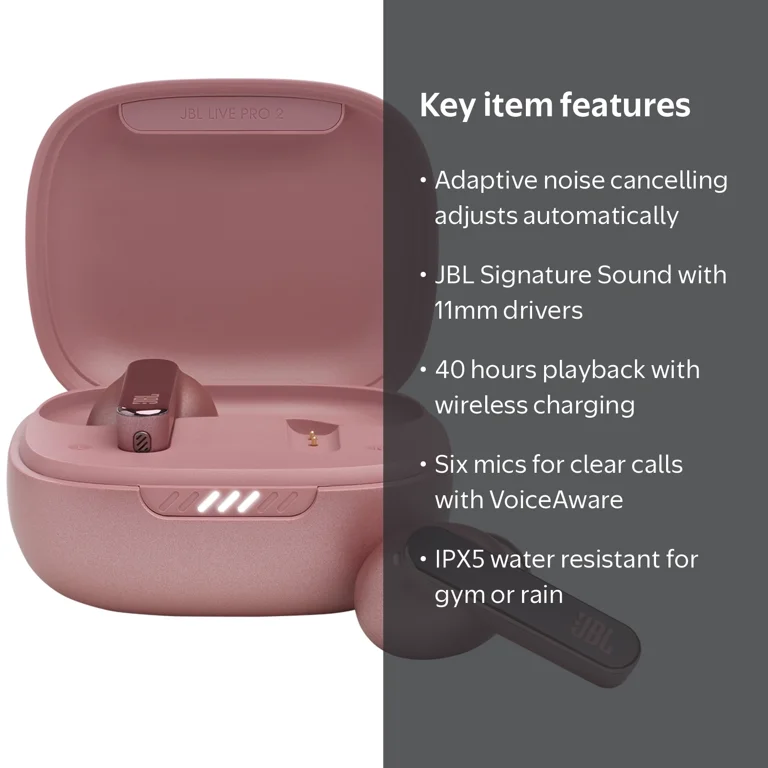 JBL, True Wireless Noise Cancelling Earbuds, Rose, 40 Hours