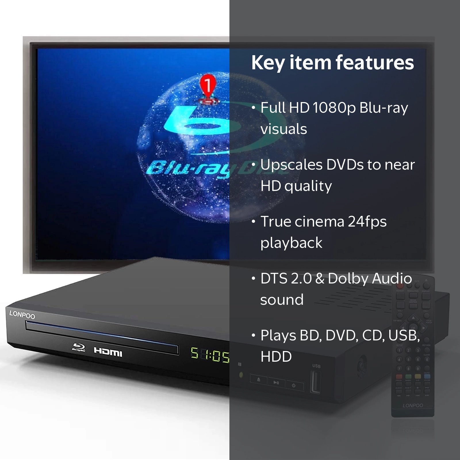 LONPOO, Blu-ray DVD Player, Full HD 1080p, HDMI Output - Walmart.com
