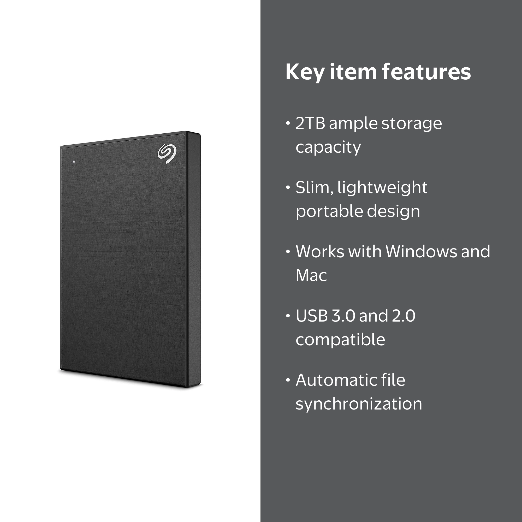 Seagate, 2TB External Hard Drive, Backup Plus Slim USB 3.0, Black