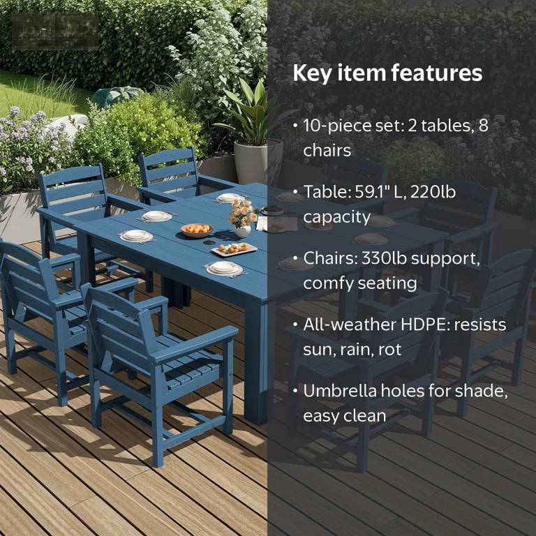SERWALL 10-Piece Outdoor Dining Set, 2 Rectangle 59