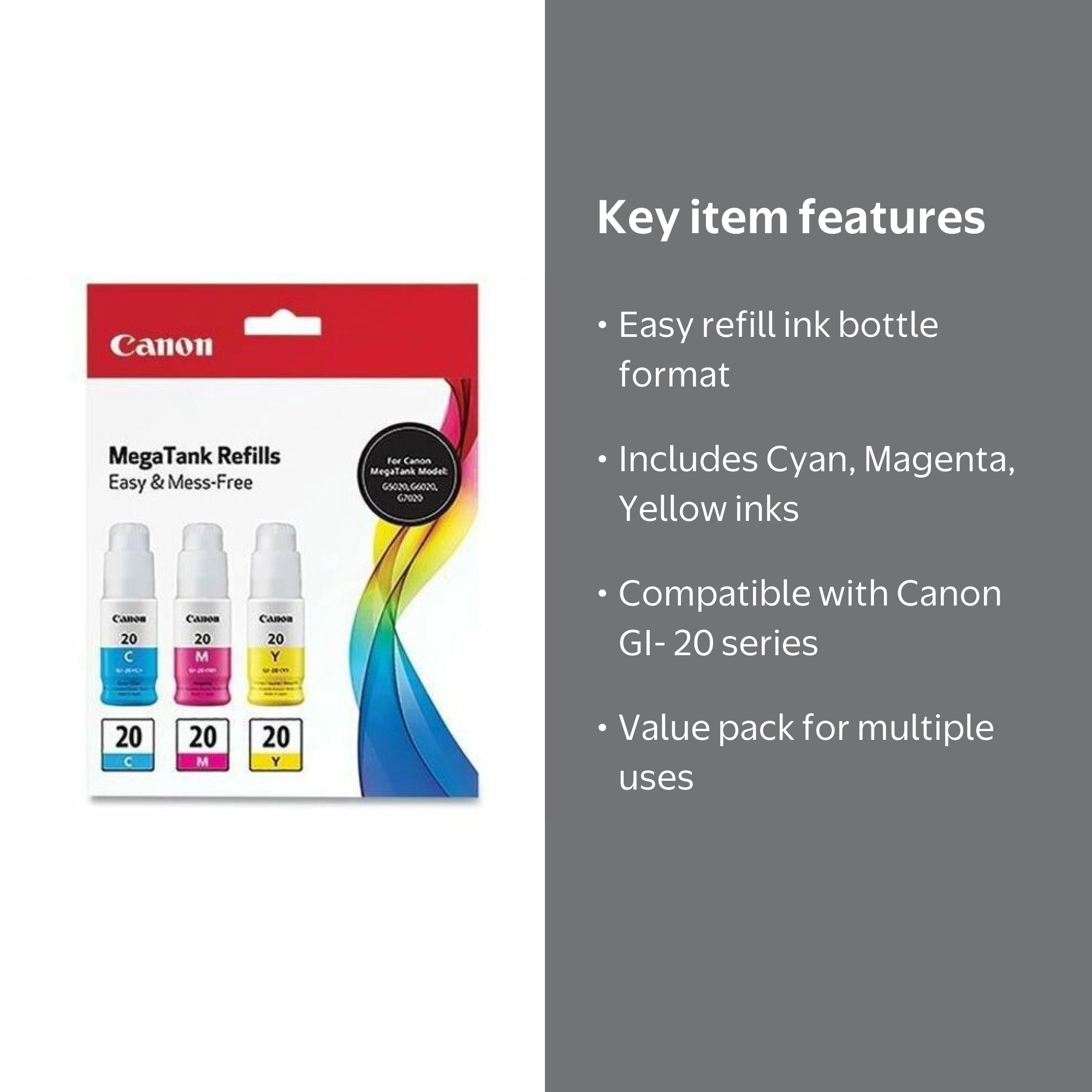 Canon GI-20 CMY Inkjet Refill Kit, 3-Pack for PIXMA G5020, G6020