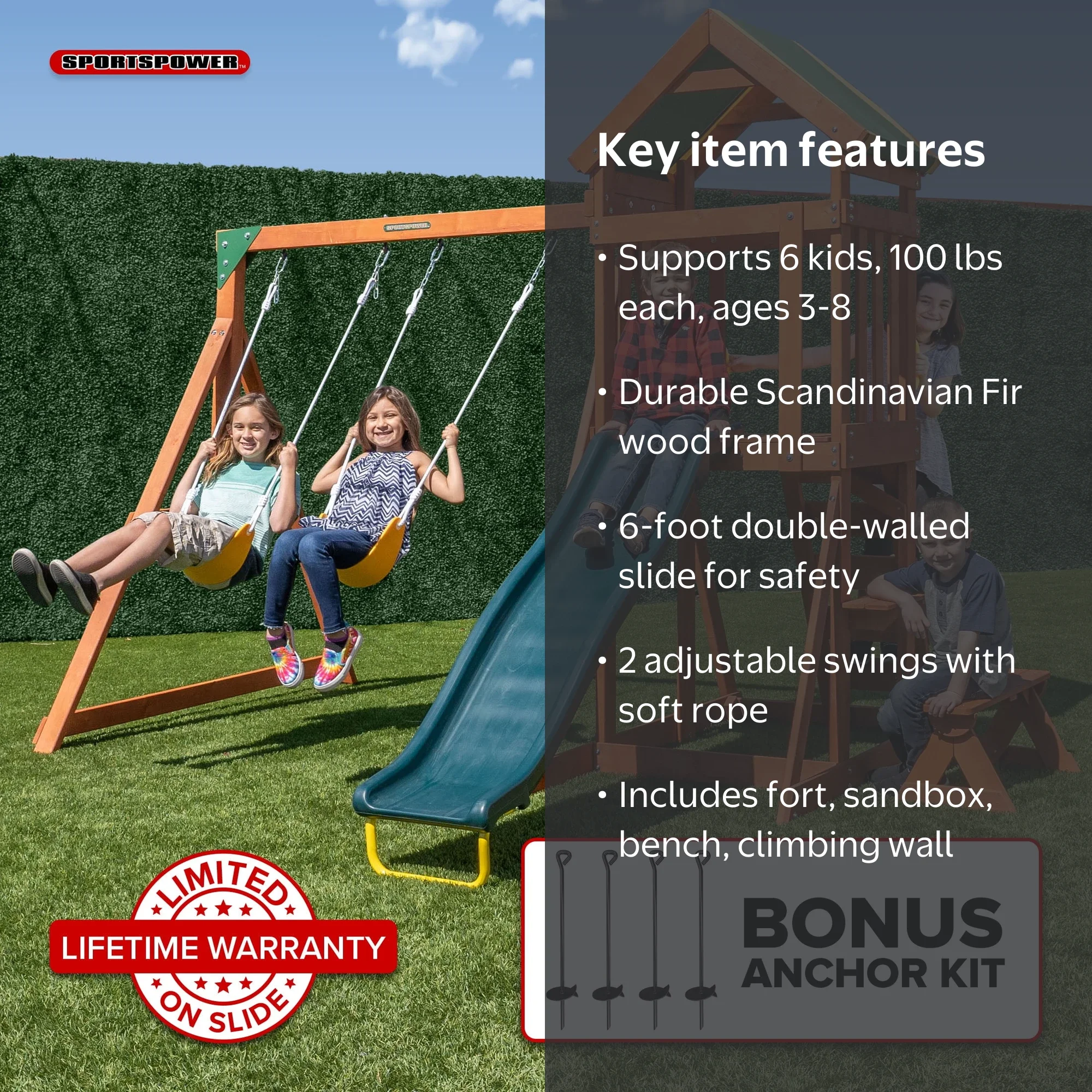 Sportspower Scottsdale Wooden Kids Outdoor Swing Set with Slide