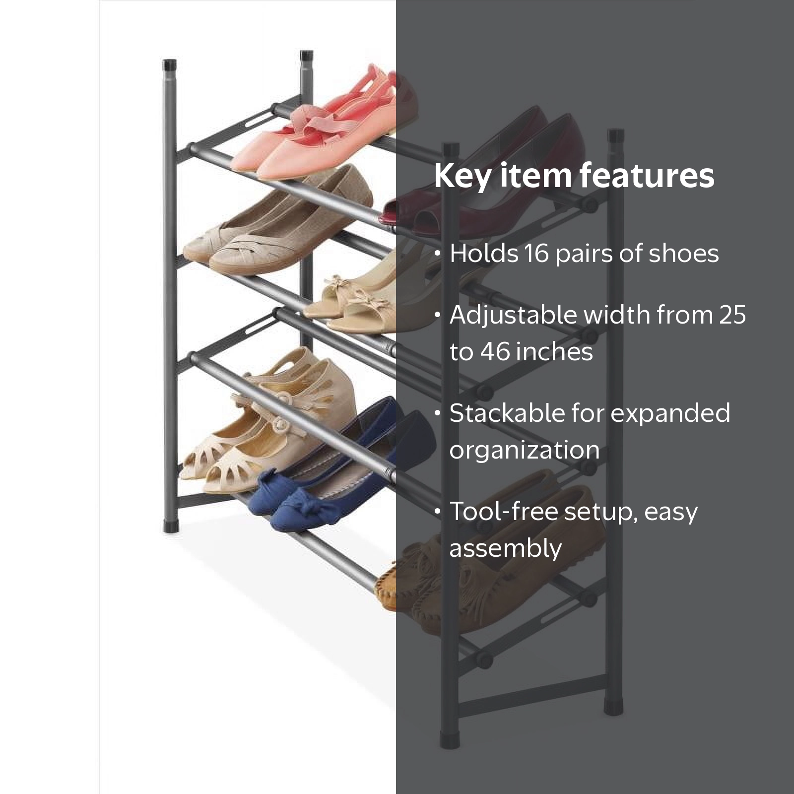 Whitmor 4-Tier Stackable & Adjustable Metal Shoe Rack, Space