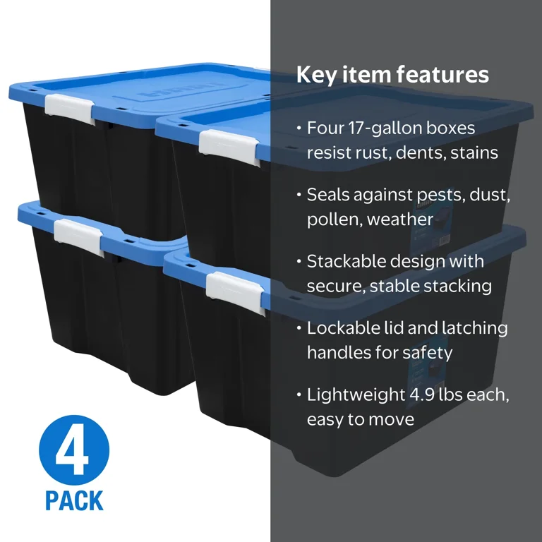 HART 17 Gallon Heavy Duty Latching Plastic Storage Box, Black Base