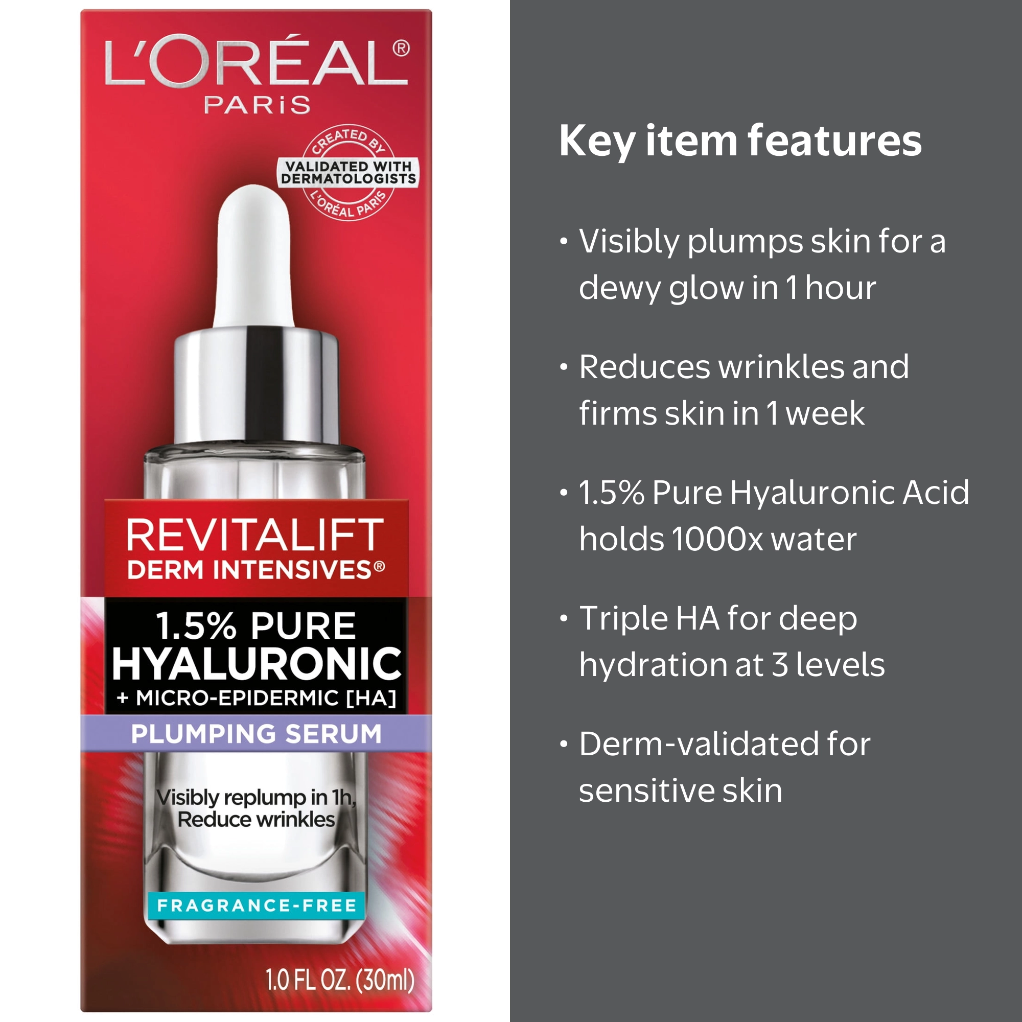 L'Oreal Paris Revitalift Derm Intensives Hyaluronic Acid Serum, 1