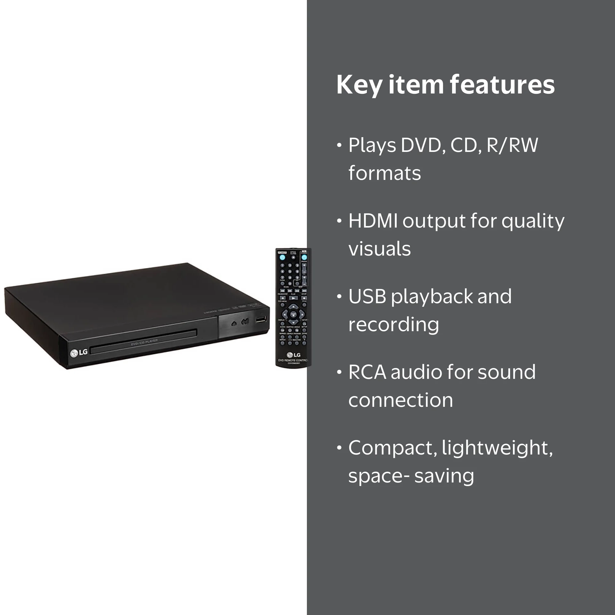 LG DP132H Compact DVD Player, HD Upscaling, USB Direct Recording
