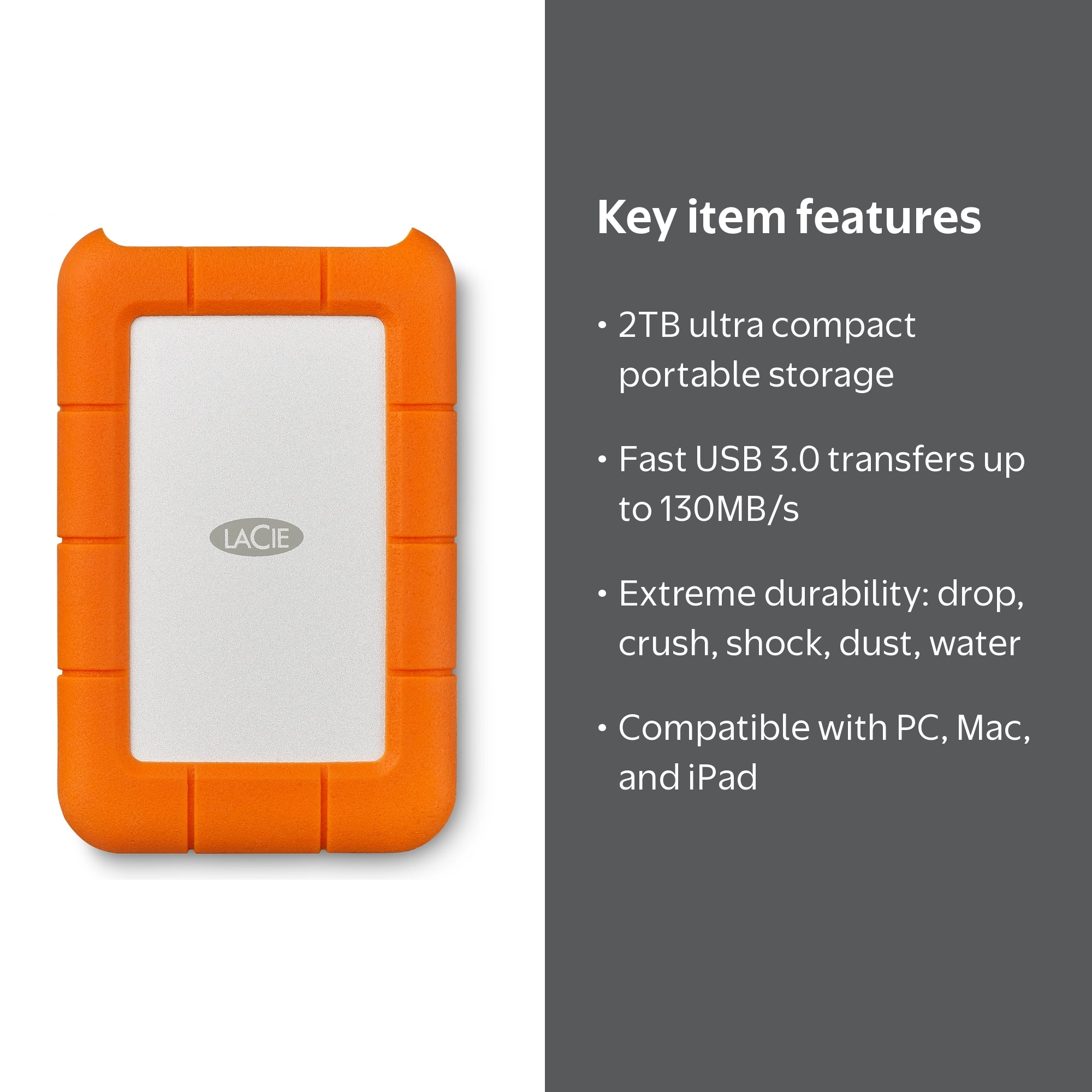 LaCie Rugged Mini 2TB External USB 3.0 Portable Hard Drive with