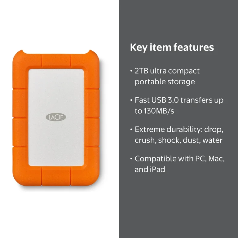 LaCie Rugged Mini 2TB External USB 3.0 Portable Hard Drive with