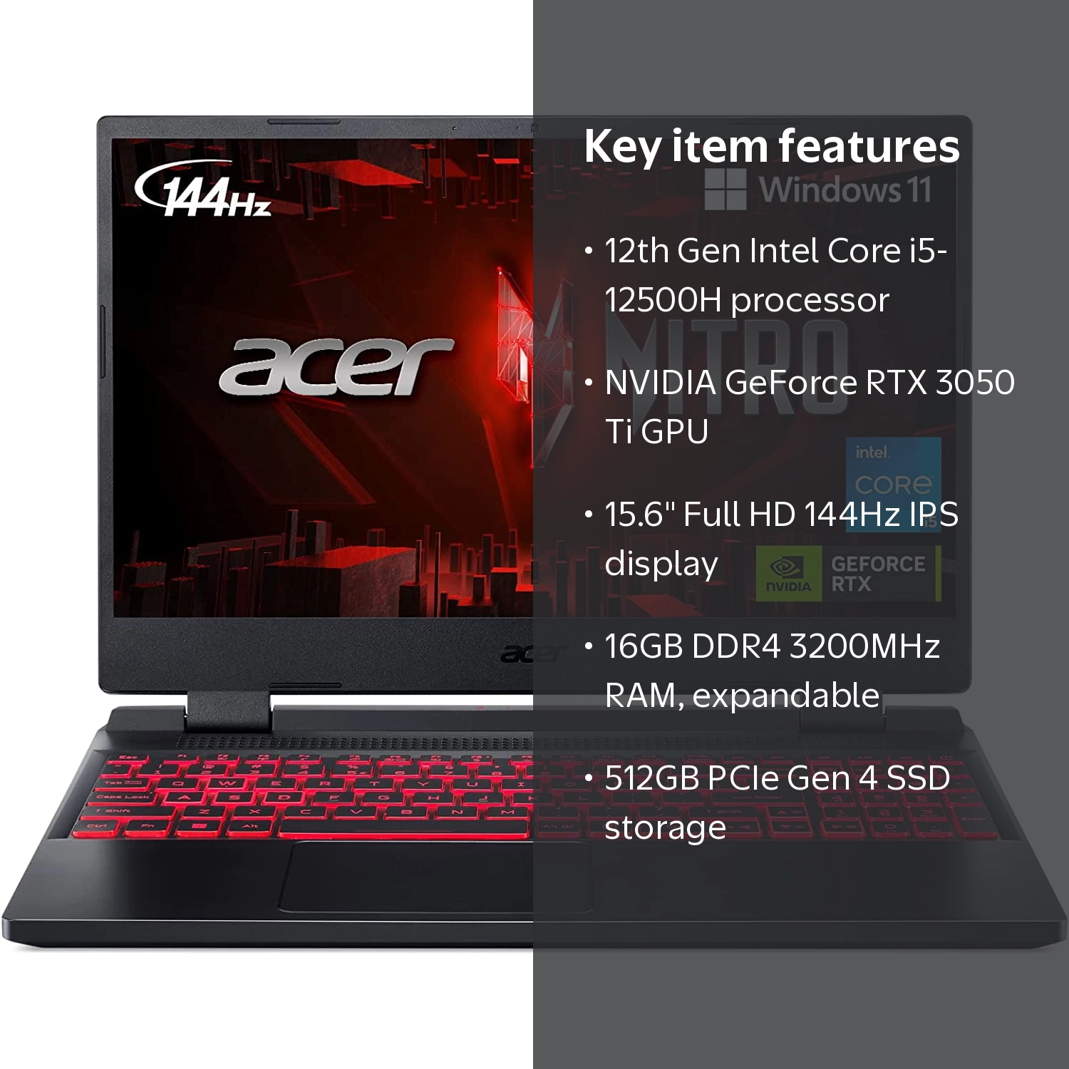 GALLERIA i5 11世代 RTX3050Ti 144Hz Acer Nitro 5 Gaming Laptop, Intel i5, RTX 3050 Ti, 16GB DDR4