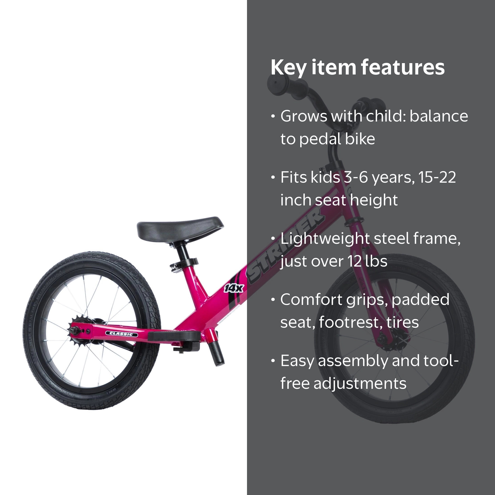 Strider, Balance Bike, 14x Classic, Funky Fuschia for Kids 3 to 6