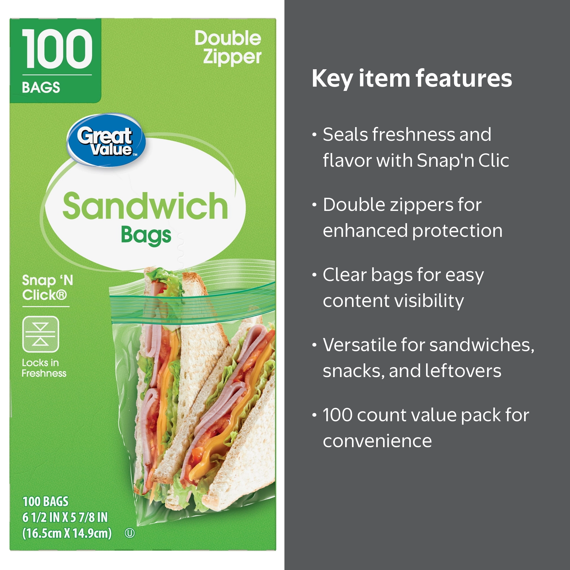 Great Value Double Zipper Sandwich Bags - 100 Count, Fresh Seal