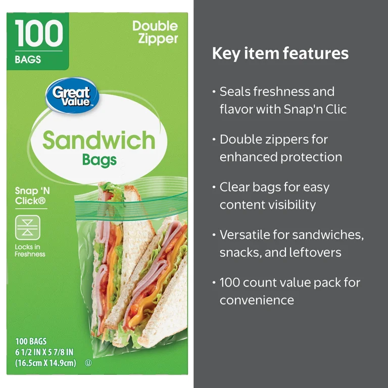 Great Value Double Zipper Sandwich Bags, 100 Count - Walmart.com