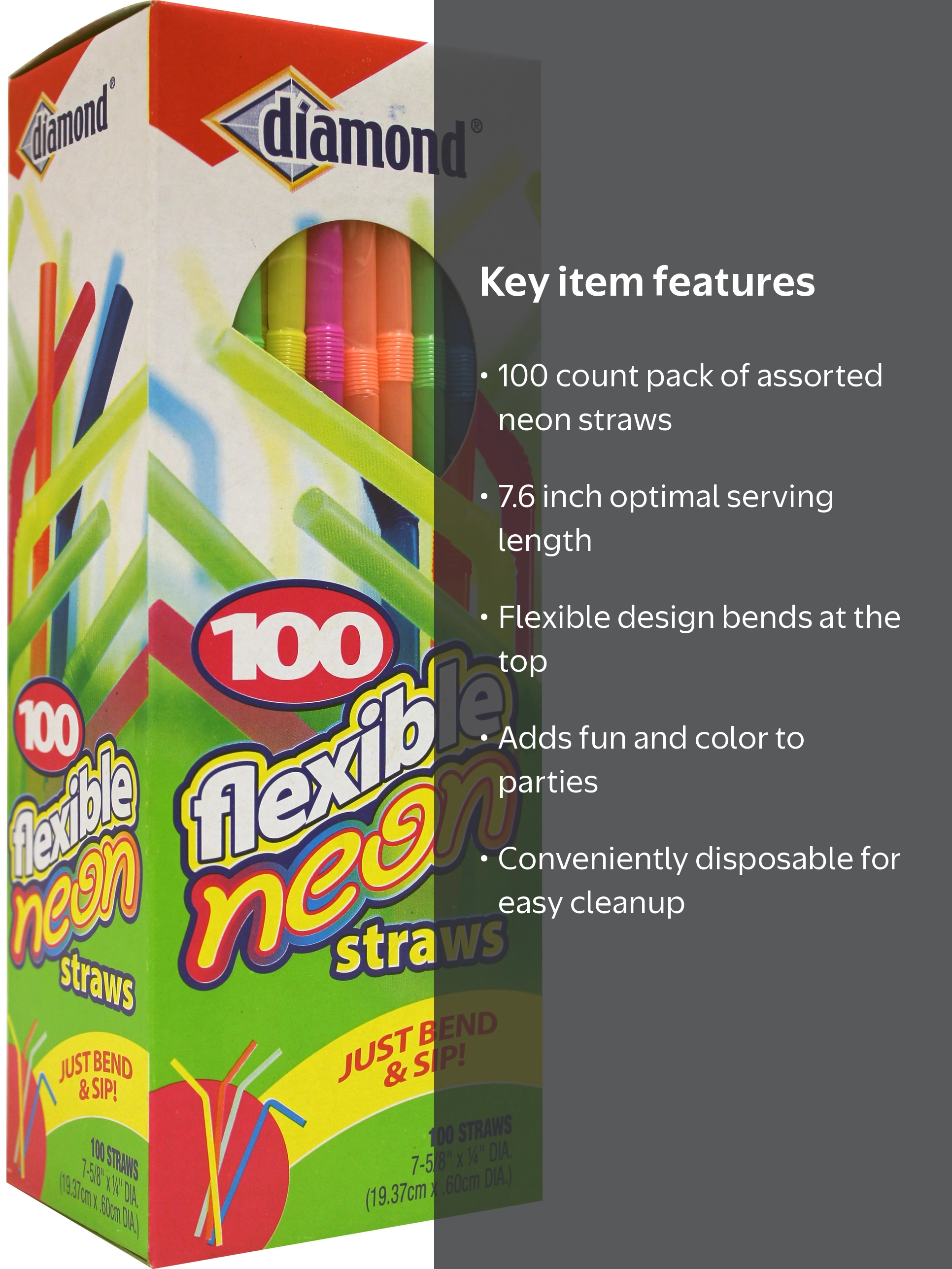 Diamond, Flexible Straws, 100 Ct, Neon, Bendy, Disposables