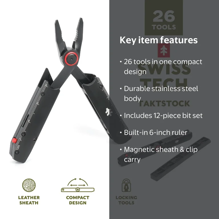 Swiss Tech Taktstock AUS-8 Steel Blade 26-in-1 Folding Multitool