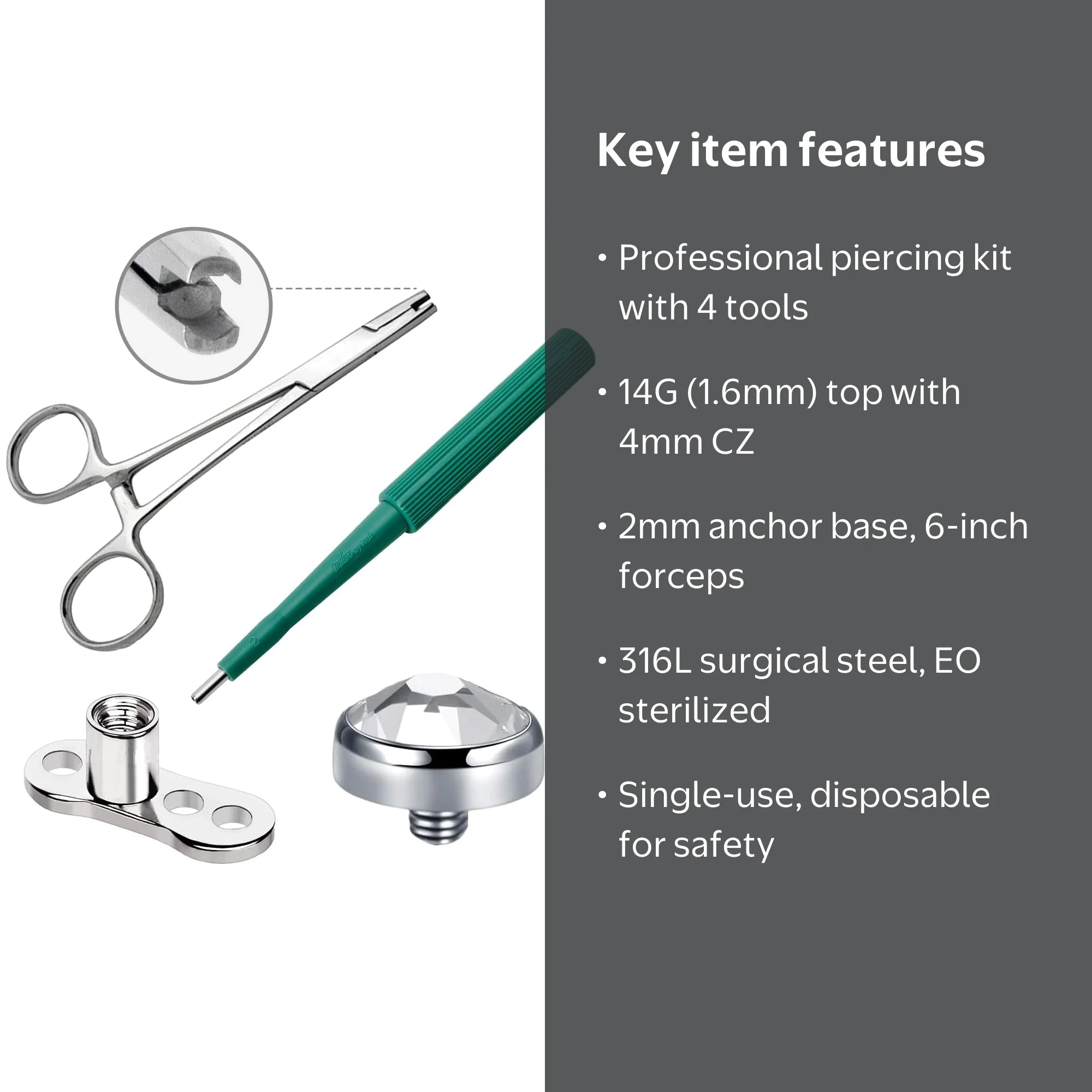 Satix 4PCS Dermal Piercing Kit, 14G Dermal Tops 4mm CZ, Dermal