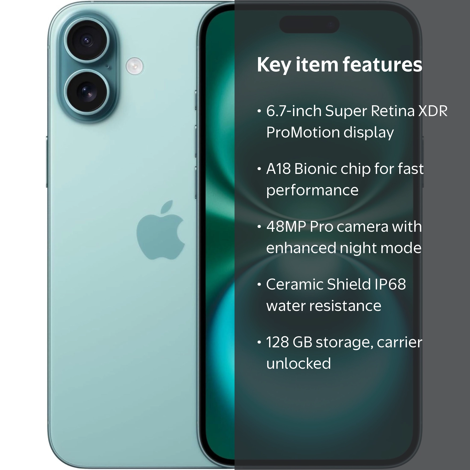Apple iPhone 16, Restored, Unlocked, 128GB, Teal, A18 Chip