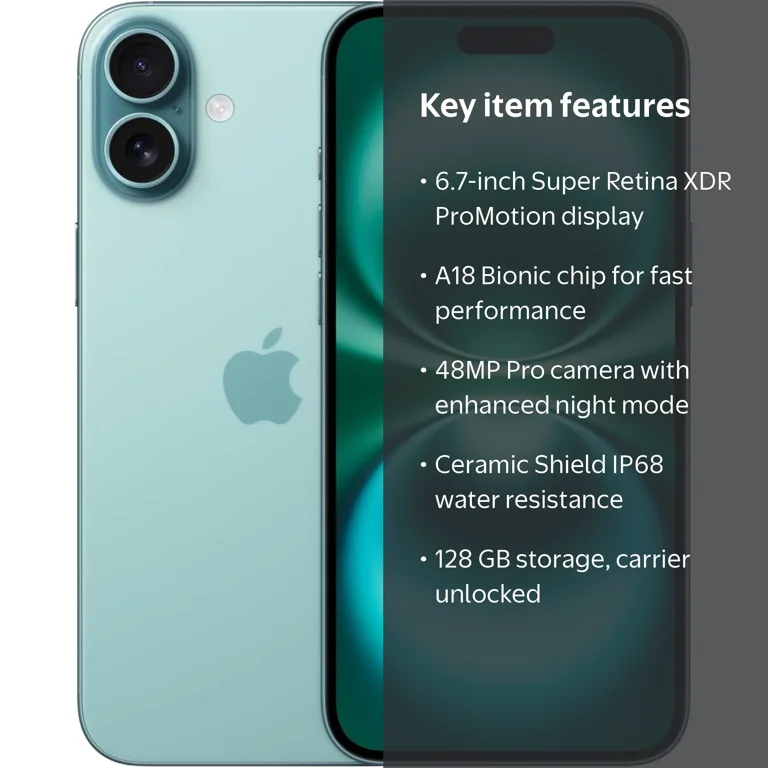 Apple iPhone 16, Restored, Unlocked, 128GB, Teal, A18 Chip